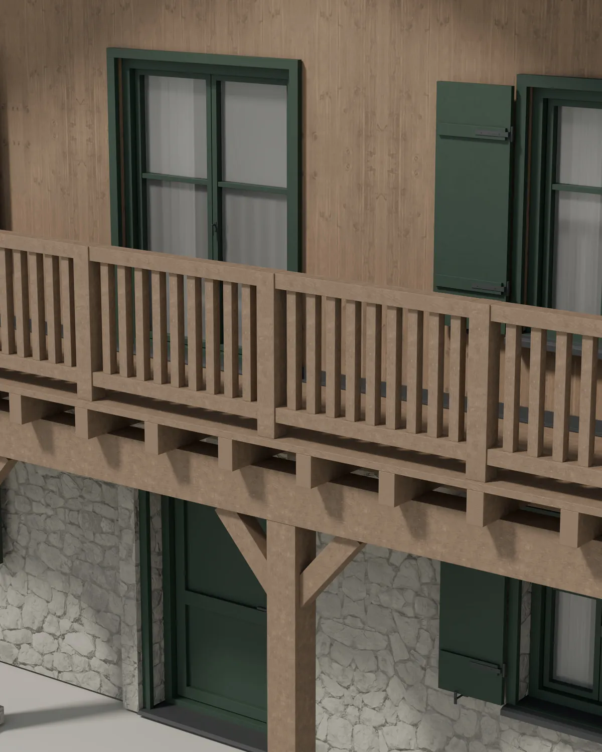 The chalet's balcony seen close up: a timber rail on paired braces above a whitewashed stone wall, with green-shuttered windows behind