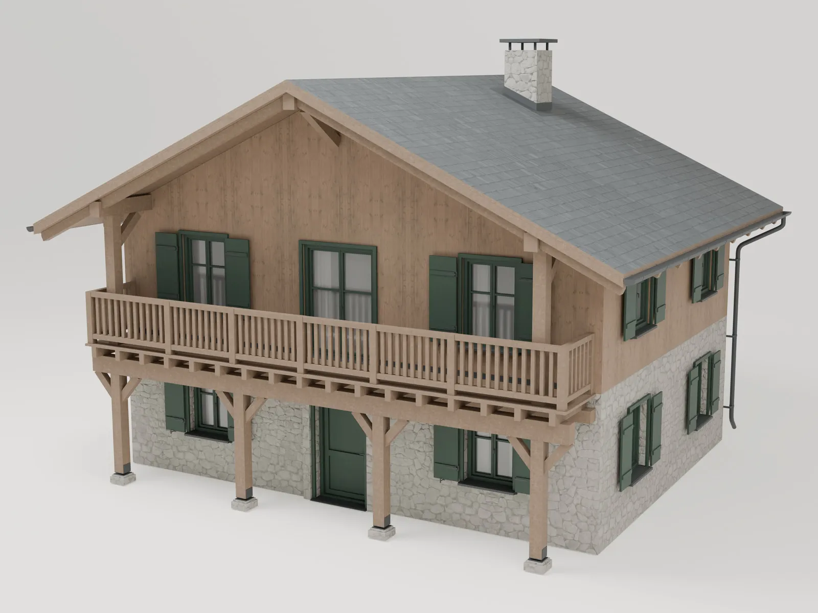 Swiss Alpine Chalet 01 from the front three-quarter: a two-storey chalet with a stone ground floor, larch cladding, deep green shutters, a long timber balcony and a slate roof with a stone chimney, photographed on a plain warm-grey studio backdrop