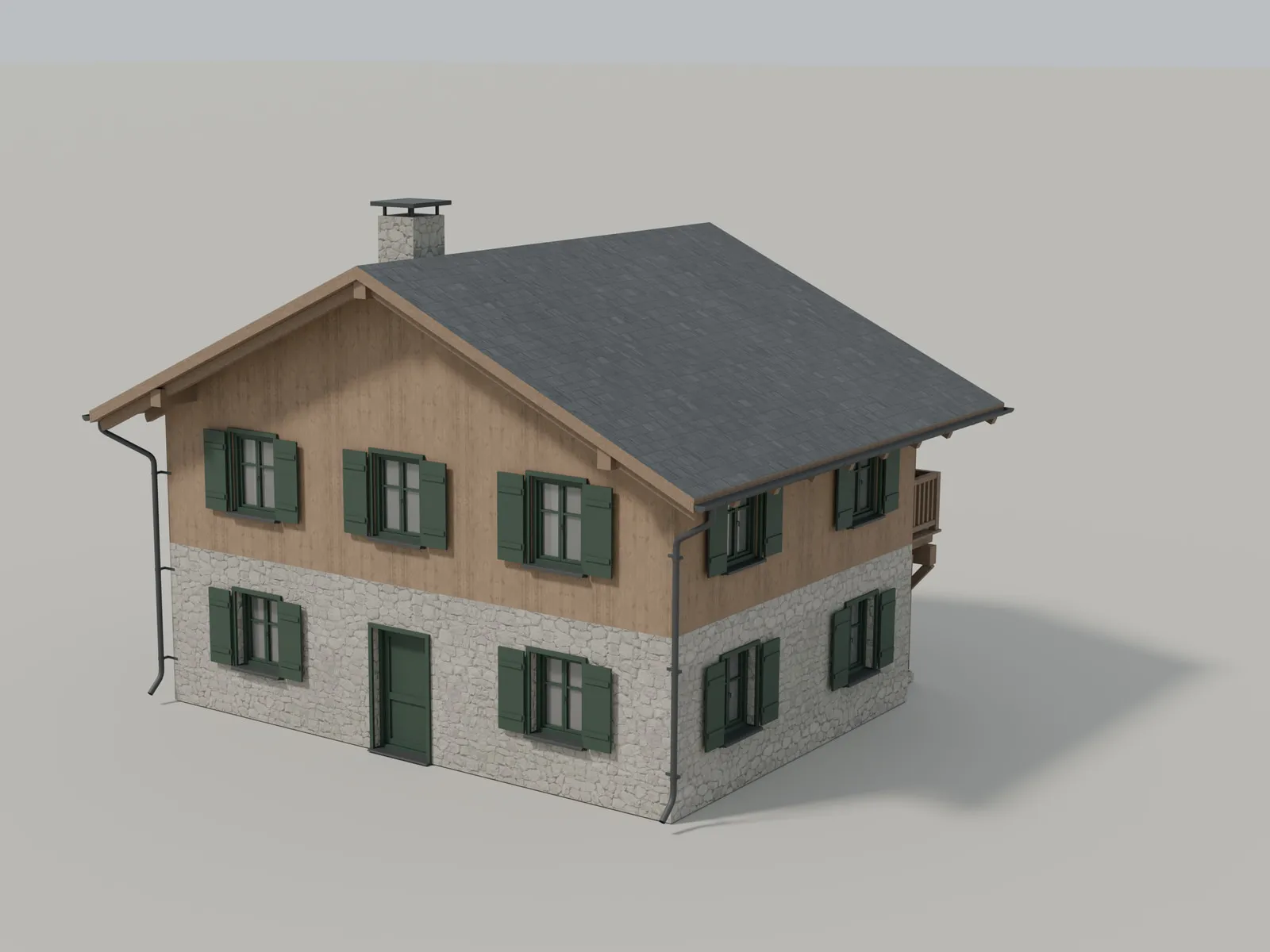 The chalet from the rear three-quarter, showing the gable, the rear door, the shuttered windows and the zinc downpipes