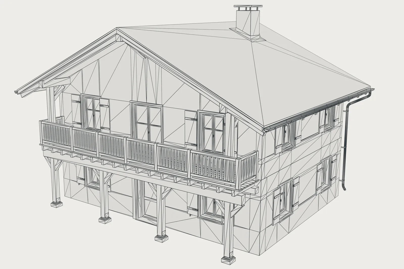 Line drawing of the chalet: every triangle edge of the full-detail model drawn over the shaded building, from the front three-quarter